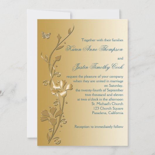 Blauwgroen en Gouden Bloemen en Vlinders Uitnodigi Kaart (Achterkant)