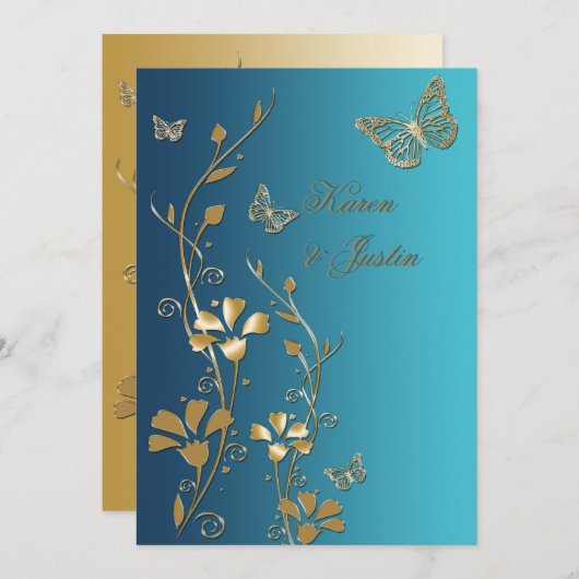 Blauwgroen en Gouden Bloemen en Vlinders Uitnodigi Kaart (Voorkant / Achterkant)