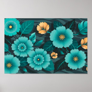 Blauwgroen en gouden bloemen met donkergroene blad poster