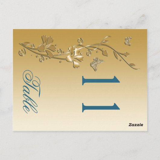 Blauwgroen en Gouden Bloemen met Vlinders Tafelnum Briefkaart (Achterkant)