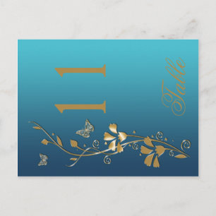 Blauwgroen en Gouden Bloemen met Vlinders Tafelnum Briefkaart