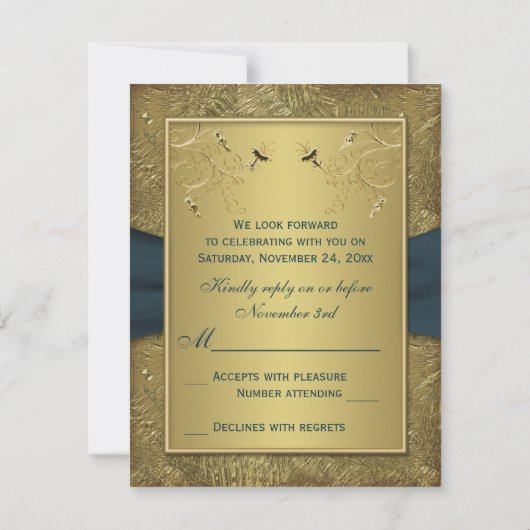 Blauwgroen en Gouden Bloemen RSVP-Kaart RSVP Kaartje (Achterkant)