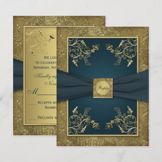 Blauwgroen en Gouden Bloemen RSVP-Kaart RSVP Kaartje (Voorkant / Achterkant)