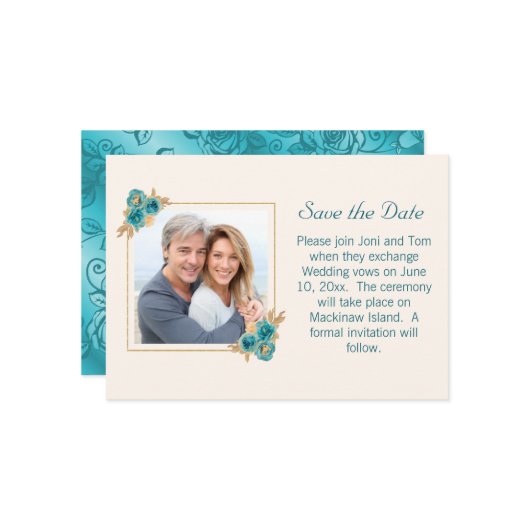 Blauwgroen en gouden bloemenbruiloft RSVP Save The Save The Date (Voorkant / Achterkant in situ)