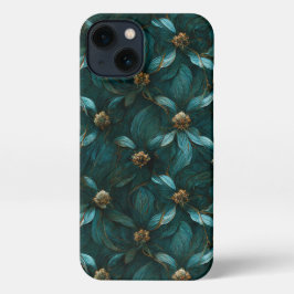 Blauwgroen en gouden bloemmotief iPhone 13 hoesje