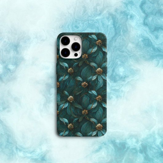 Blauwgroen en gouden bloemmotief iPhone hoesje