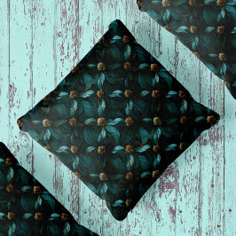 Blauwgroen en gouden bloemmotief kussen