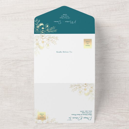 Blauwgroen en gouden bruiloft all in one uitnodiging (Buitenkant)