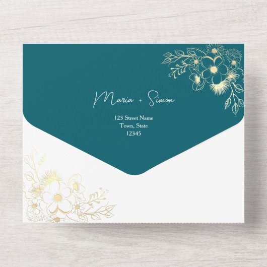 Blauwgroen en gouden bruiloft all in one uitnodiging (Achterkant)