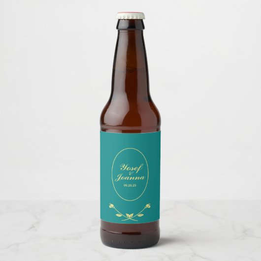 Blauwgroen en gouden bruiloft bier etiket (Voorkant)