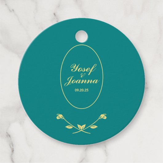 Blauwgroen en gouden bruiloft gunst Label (Voorkant)