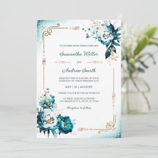 Blauwgroen en gouden bruiloft Sjabloon Kaart (Staand voorkant)