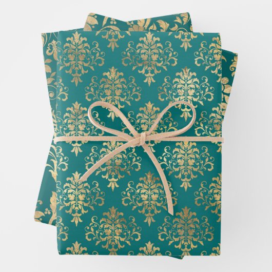 Blauwgroen en gouden  Damask Inpakpapier Vel (In situ)