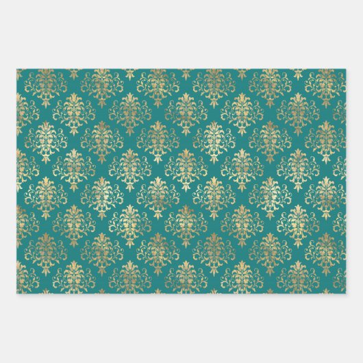 Blauwgroen en gouden  Damask Inpakpapier Vel (Voorkant)