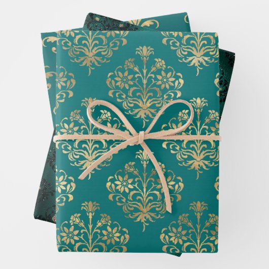 Blauwgroen en gouden  Damask Inpakpapier Vel (In situ)