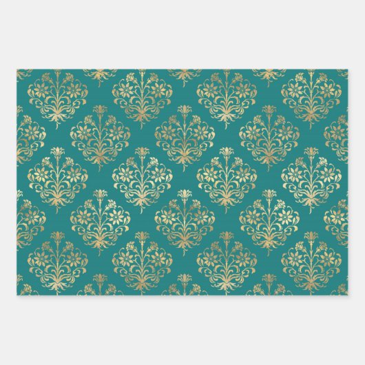 Blauwgroen en gouden  Damask Inpakpapier Vel (Voorkant)