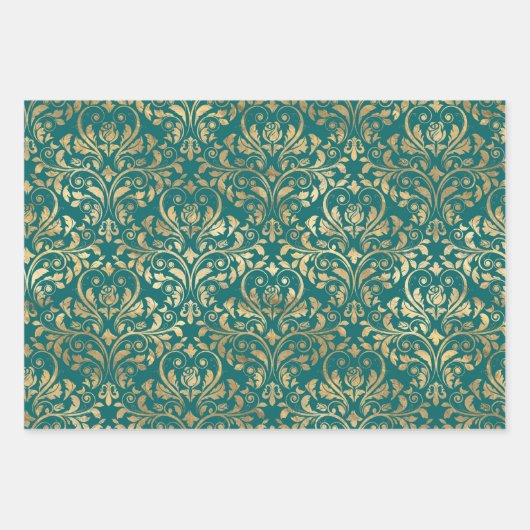Blauwgroen en gouden Damask Inpakpapier Vel (Voorkant 3)