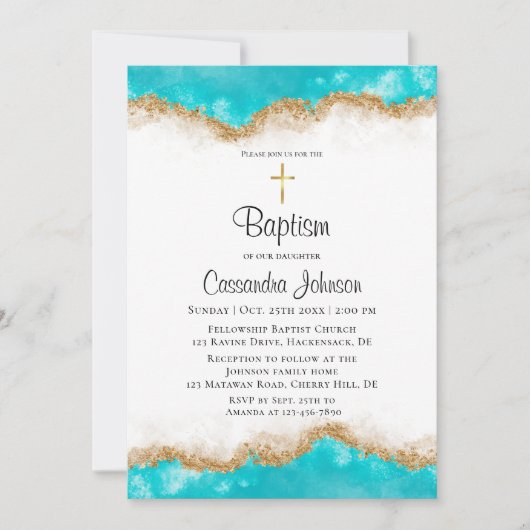 Blauwgroen en gouden doopuitnodiging kaart (Voorkant)