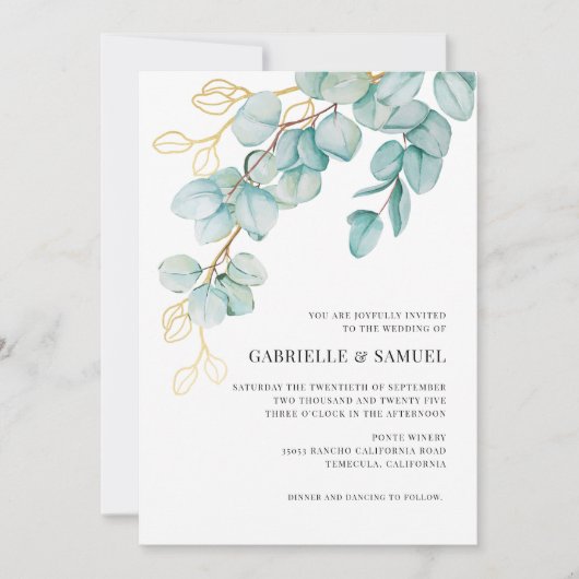 Blauwgroen en gouden Eucalyptus Greenery Wedding I (Voorkant)