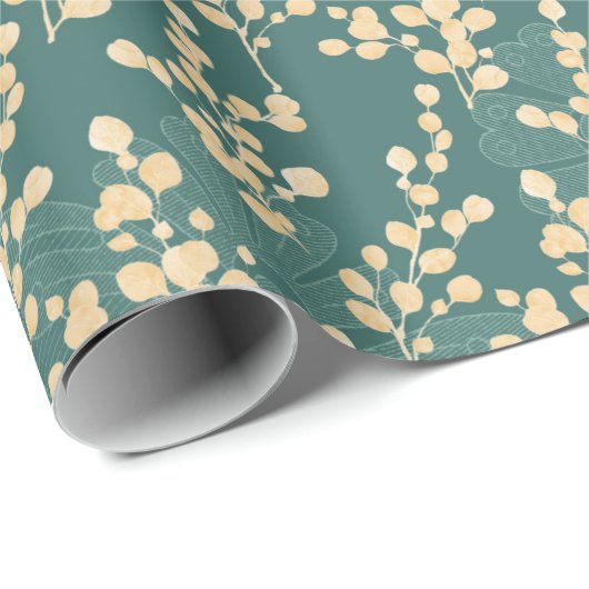 Blauwgroen en gouden eucalyptuspatroon cadeaupapier (Rol Hoek)