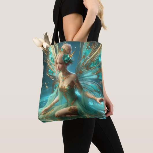 Blauwgroen en gouden Fairy All-Over Print Canvas t Tote Bag (Dichtbij)
