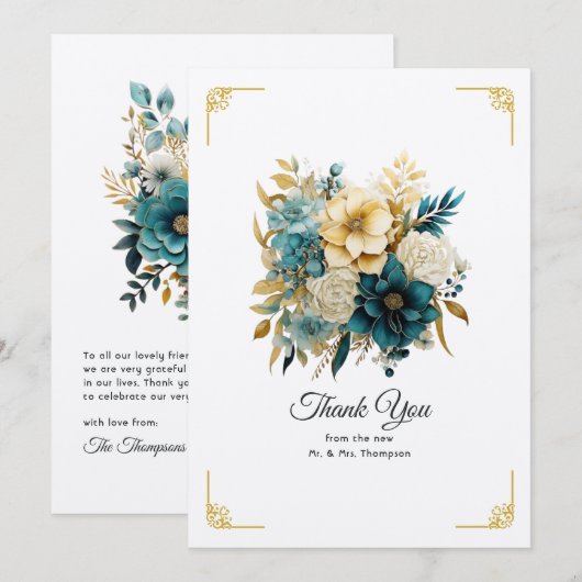 Blauwgroen en gouden Floral Wedding Bedankkaart (Voorkant / Achterkant)