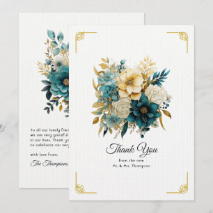 Blauwgroen en gouden Floral Wedding Bedankkaart