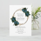 Blauwgroen en gouden Floral Wedding Kaart (Staand voorkant)