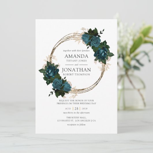 Blauwgroen en gouden Floral Wedding Kaart (Staand voorkant)