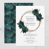 Blauwgroen en gouden Floral Wedding Kaart (Voorkant / Achterkant)