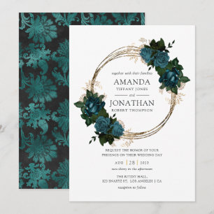 Blauwgroen en gouden Floral Wedding Kaart