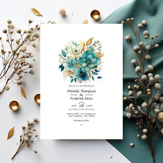 Blauwgroen en gouden Floral Wedding Kaart