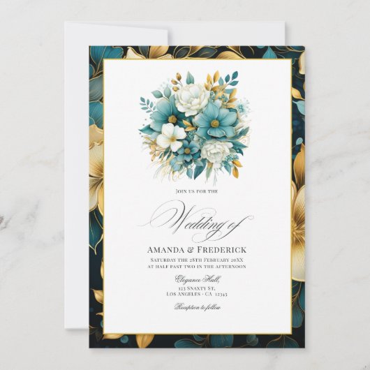 Blauwgroen en gouden Floral Wedding Kaart (Voorkant)