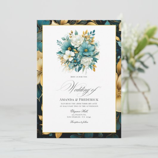 Blauwgroen en gouden Floral Wedding Kaart (Staand voorkant)