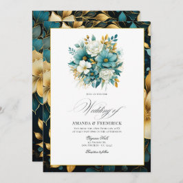 Blauwgroen en gouden Floral Wedding Kaart