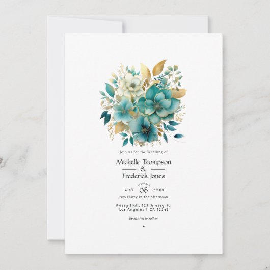 Blauwgroen en gouden Floral Wedding Kaart (Voorkant)