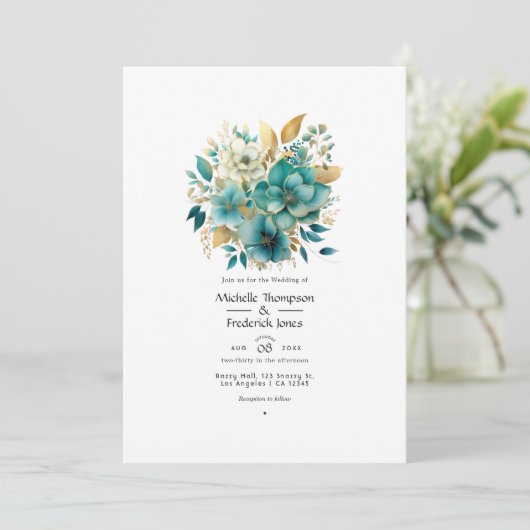 Blauwgroen en gouden Floral Wedding Kaart (Staand voorkant)