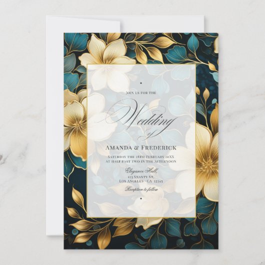 Blauwgroen en gouden Floral Wedding Kaart (Voorkant)