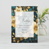 Blauwgroen en gouden Floral Wedding Kaart (Staand voorkant)