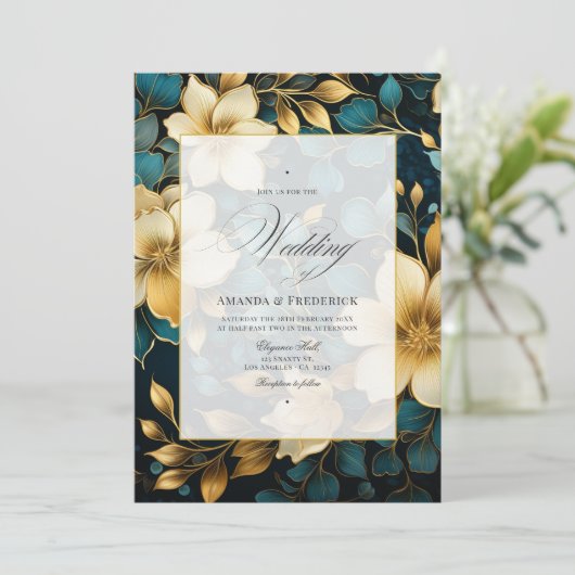 Blauwgroen en gouden Floral Wedding Kaart (Staand voorkant)