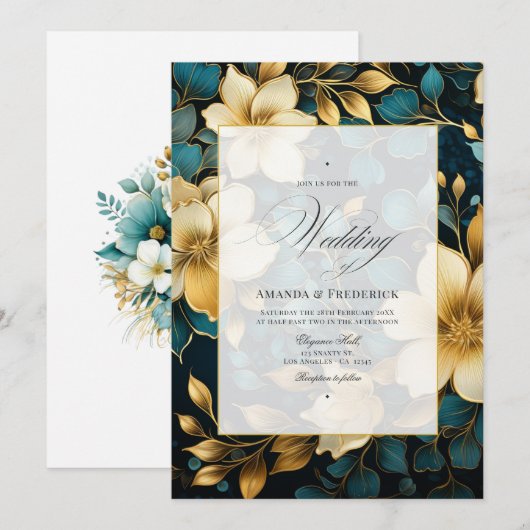 Blauwgroen en gouden Floral Wedding Kaart (Voorkant / Achterkant)