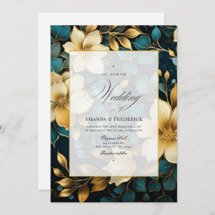 Blauwgroen en gouden Floral Wedding Kaart