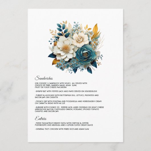 Blauwgroen en gouden Floral Wedding Menu (Achterkant)