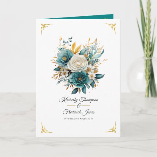 Blauwgroen en gouden Floral Wedding Programma (Voorkant)