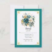 Blauwgroen en gouden Floral Wedding RSVP Kaartje (Voorkant)