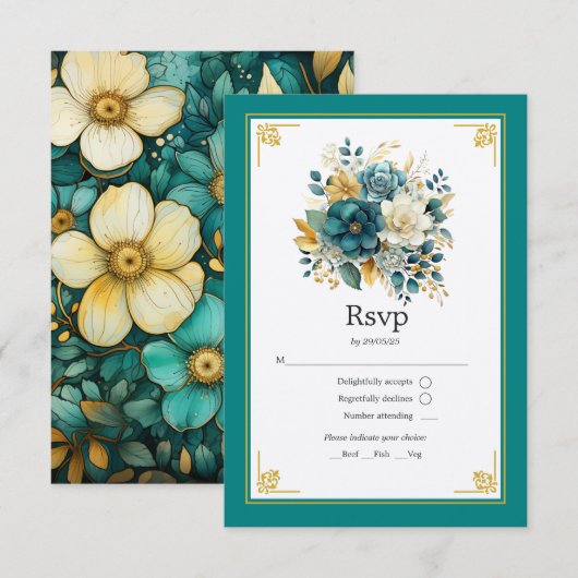 Blauwgroen en gouden Floral Wedding RSVP Kaartje (Voorkant / Achterkant)