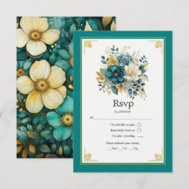 Blauwgroen en gouden Floral Wedding RSVP Kaartje