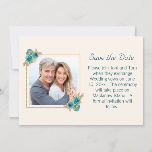 Blauwgroen en gouden Floral Wedding RSVP Save The Date (Voorkant)
