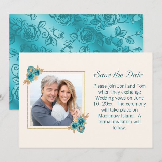 Blauwgroen en gouden Floral Wedding RSVP Save The Date (Voorkant / Achterkant)