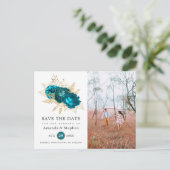  Blauwgroen en gouden Floral Wedding Save the Date Briefkaart (Staand voorkant)